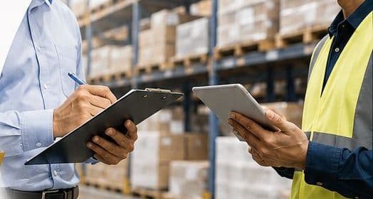Alpha Ace auditors reviewing stock against records in a client warehouse