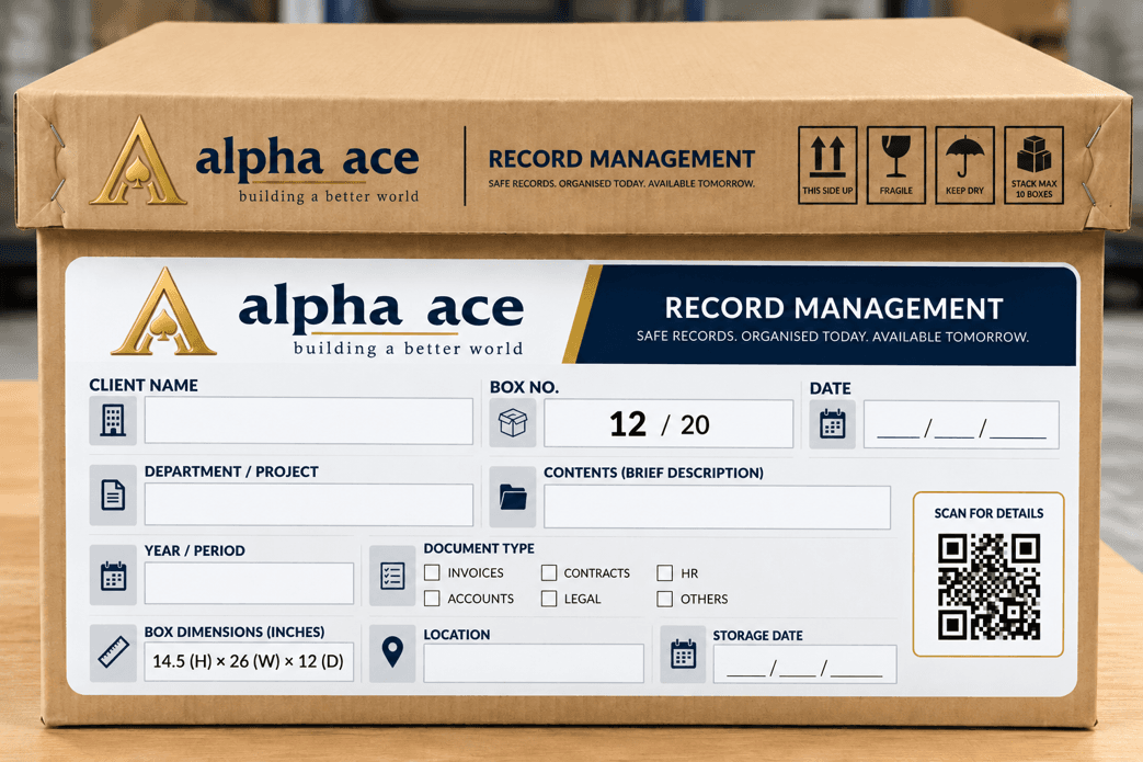 Alpha Ace record-management box with a system-generated QR label recording client, box number, contents and storage location