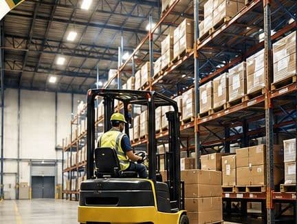 Alpha Ace team member operating a forklift in a client warehouse